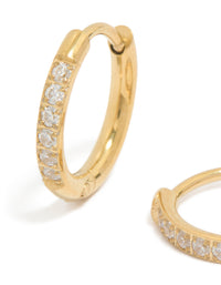 Highlighting gold plated surgical steel cubic zirconia classic sleeper hoop earrings in 10 MM close up view - link has visual effect only