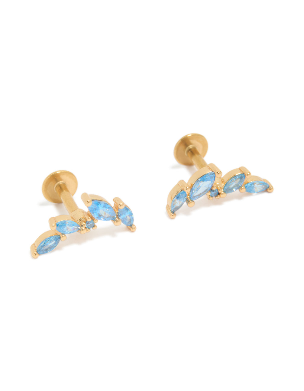 Showcasing crawler style studs crafted from gold plated surgical steel with blue cubic zirconia stones and flat back closure front view