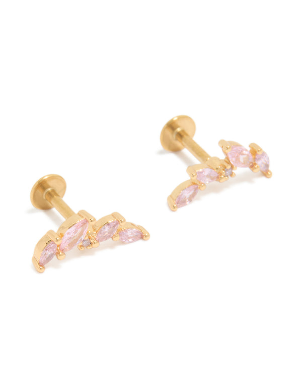 Gold Plated Surgical Steel Pink Cubic Zirconia Flat Back Crawler Studs