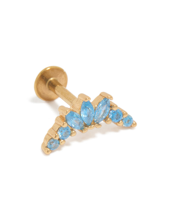 Gold Plated Surgical Steel Blue  Cubic Zirconia Marquise Flat Back Single Stud