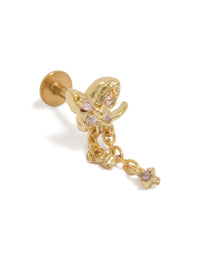 Gold Plated Surgical Steel Pink Cubic Zirconia Chain Single Butterfly Flat Back Stud - link has visual effect only