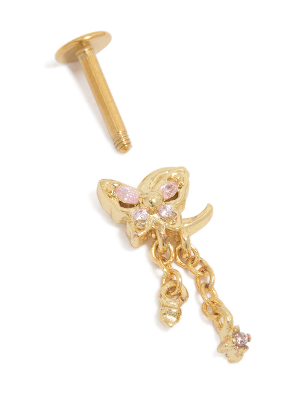 Gold Plated Surgical Steel Pink Cubic Zirconia Chain Single Butterfly Flat Back Stud
