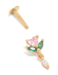Gold Plated Surgical Steel Pink Cubic Zirconia Rose Drop Single Flat Back Stud - link has visual effect only