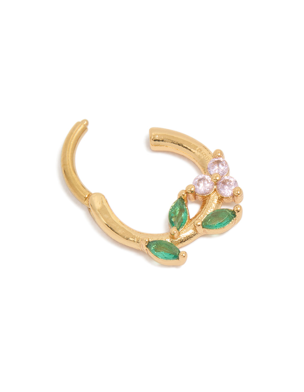 Crafted from gold plated surgical steel cubic zirconia flower and leaves clicker ring side view