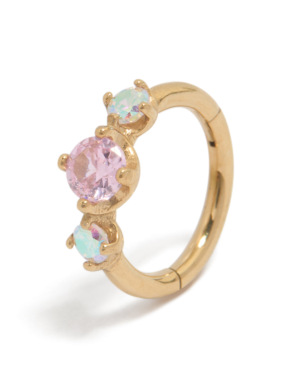 Featuring a gold plated surgical steel multi cubic zirconia circle clicker ring with crystal embellishments in pink and aquamarine tones detail view