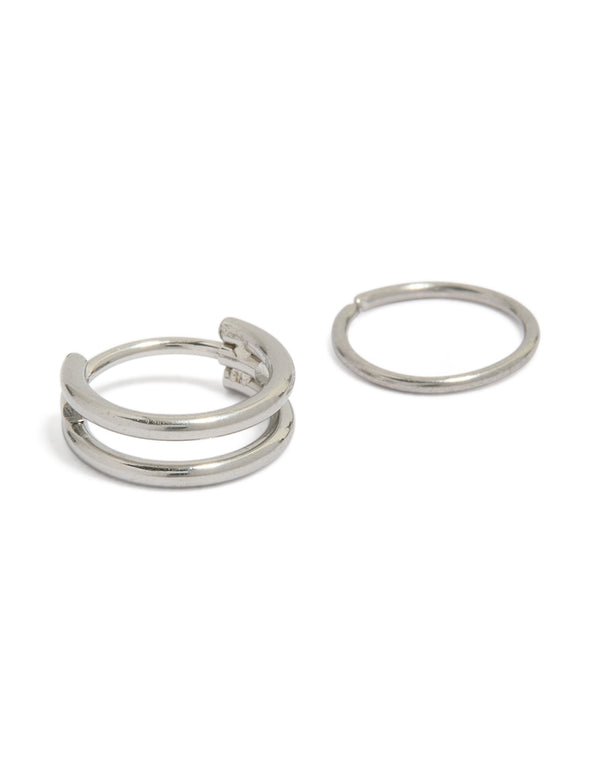 Featuring surgical steel double hinged and plain nose rings pack in silver detail view