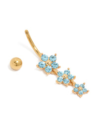 Gold Plated Surgical Steel 3 Blue Cubic Zirconia Flowers Drop Belly Bar - link has visual effect only