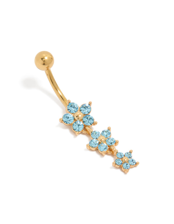 Gold Plated Surgical Steel 3 Blue Cubic Zirconia Flowers Drop Belly Bar