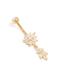 Gold Plated Surgical Steel Cubic Zirconia Large Flower & Leaf Belly Bar - link has visual effect only
