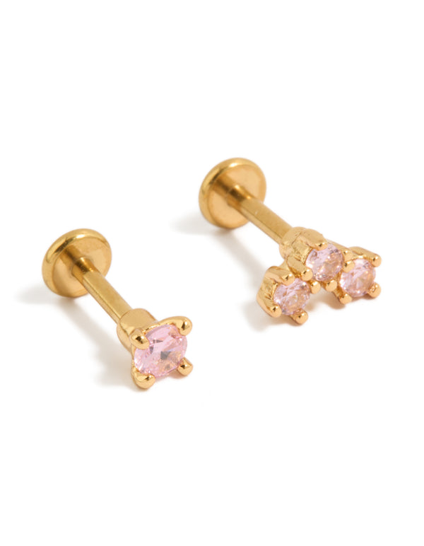 Featuring gold plated titanium pink cubic zirconia flat back studs with crystal in light pink front view