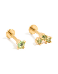 Stunning pair of gold plated titanium olive green cubic zirconia flat back stud earrings front view - link has visual effect only