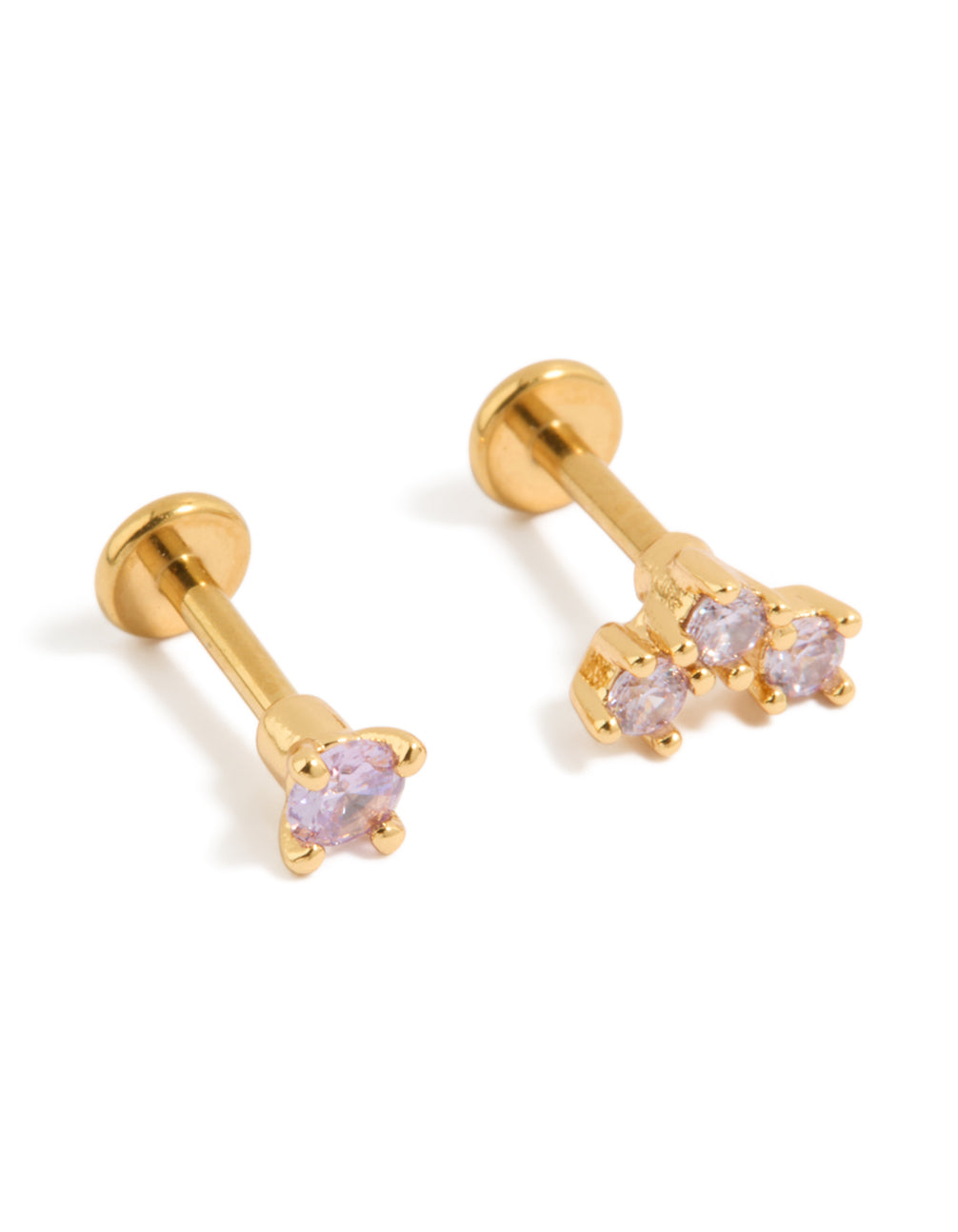 Showcasing gold plated titanium purple cubic zirconia flat back studs featuring crystal details front view