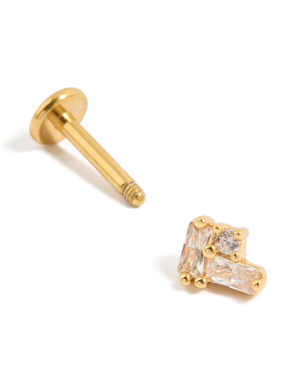 Showcasing a gold plated titanium cubic zirconia rectangle cluster single flat back stud post detail view