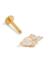 Highlighting a gold plated titanium stud featuring pear cut cubic zirconia cluster in statement style with flat back closure post detail view - link has visual effect only