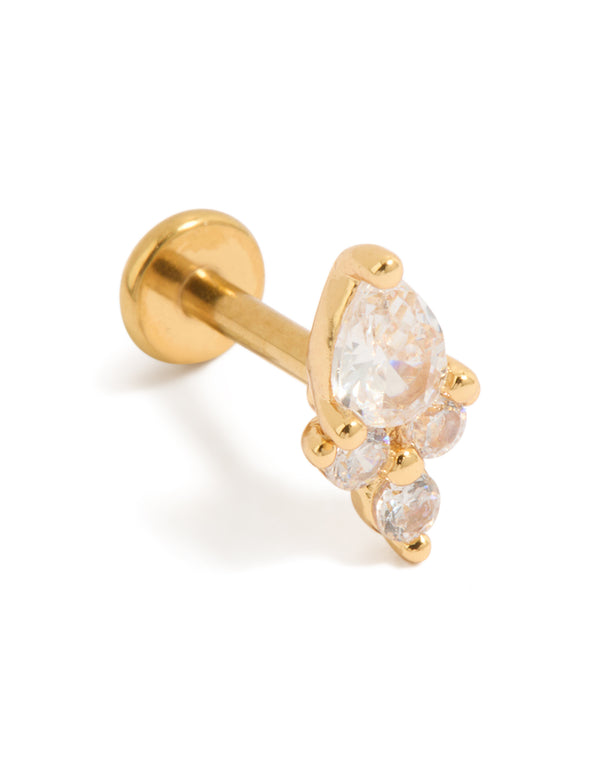 Showcasing a gold plated titanium stud with pear cut cubic zirconia cluster in statement style and flat back closure front view
