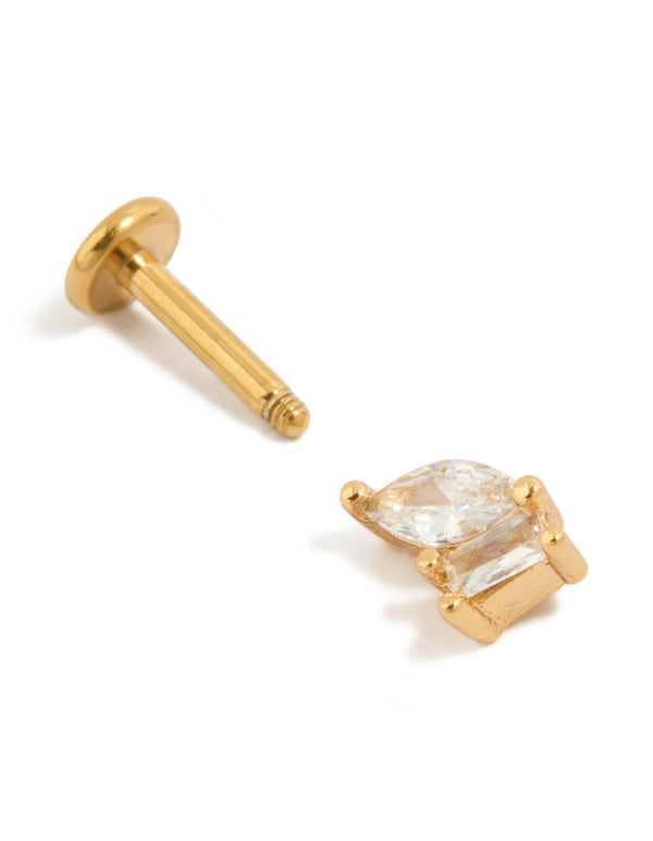 Showcasing gold plated titanium with marquise and rectangle cubic zirconia stones featuring stud flat back closure front view