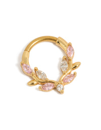 Beautifully crafted clicker ring featuring gold plated titanium with pink and clear cubic zirconia in a statement front view - link has visual effect only