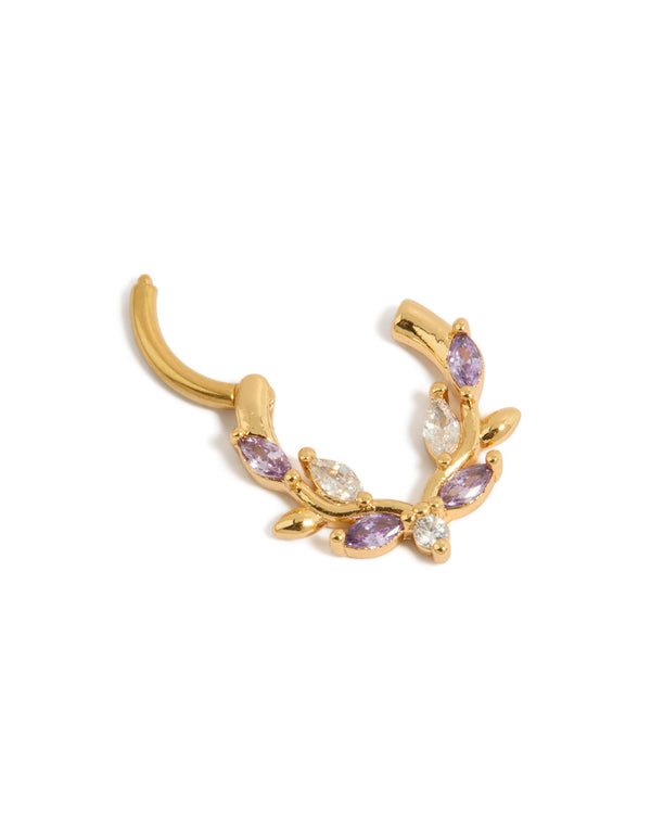 Featuring a gold plated titanium purple and clear cubic zirconia vine clicker ring detail view