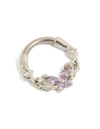 Showcasing a titanium clicker ring with butterfly design featuring lilac cubic zirconia stones in silver and plum tones detail view - link has visual effect only