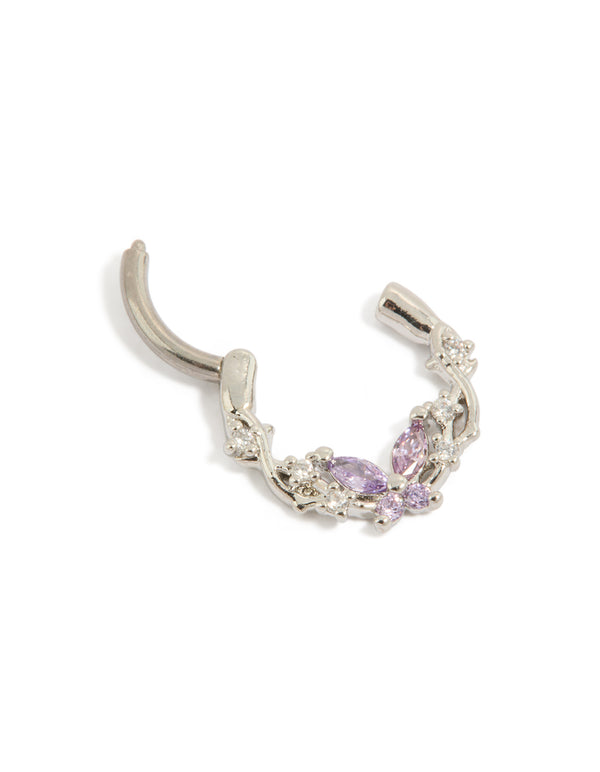 Crafted from titanium this clicker ring features a butterfly motif adorned with lilac cubic zirconia in silver and plum shades detail view