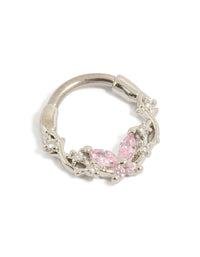 Showcasing a butterfly titanium clicker ring featuring pink cubic zirconia in silver and light pink front view - link has visual effect only