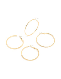 Featuring gold plated smooth and textured hoop earrings in a 2-pack with hoop closure front view - link has visual effect only