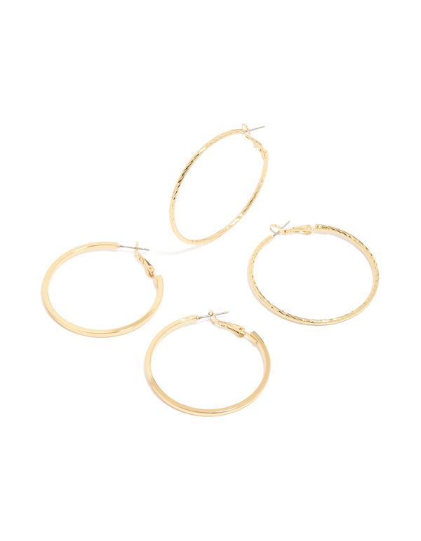 Featuring gold plated smooth and textured hoop earrings in a 2-pack with hoop closure front view