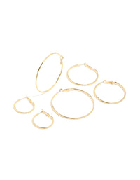 Featuring gold plated small and medium hoop earrings in a 3-pack front view - link has visual effect only