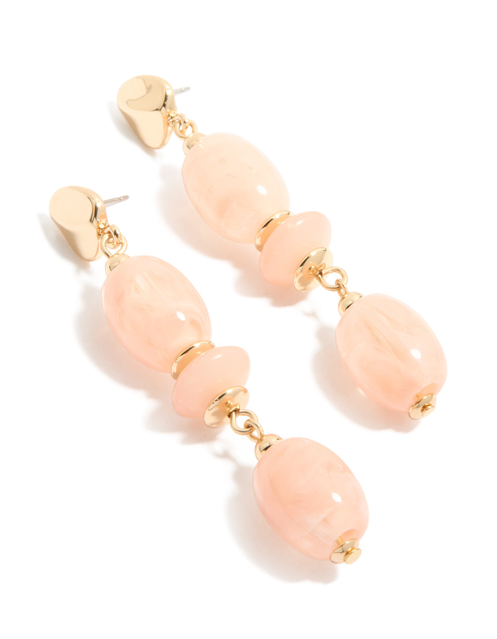Showcasing statement drop earrings with oval beige beads and gold accents front view