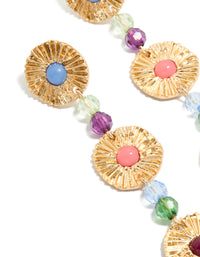 Elegant statement drop earrings with round discs and multicoloured beads in gold, light blue, pink, and red close up view - link has visual effect only