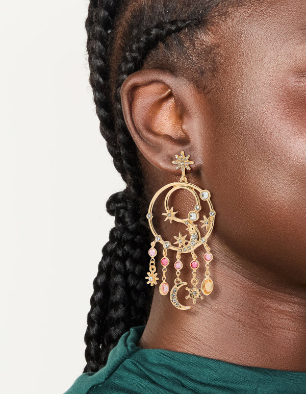 Gold Pink & Clear Diamantes  Celestial Circle Drop Earrings