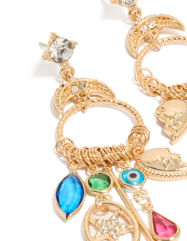 Gold Moon & Circle Charm Drop Earrings