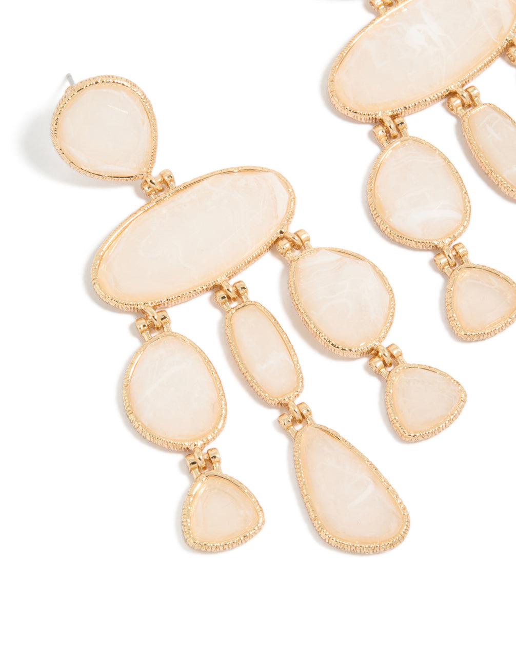 Beautiful drop earrings with gold cream marble stones in ivory and gold close up view