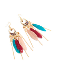 Showcasing statement drop earrings with beads, charm, and feathers in gold front view - link has visual effect only