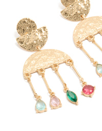 Beautifully crafted statement drop earrings with charm details in worn gold featuring pink and green diamantes close up view - link has visual effect only