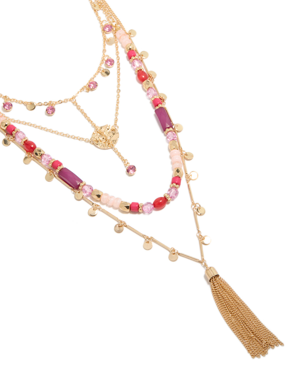 Beautifully crafted gold purple and pink beaded tassel layered necklace with charm disc pendant featuring statement style close up view