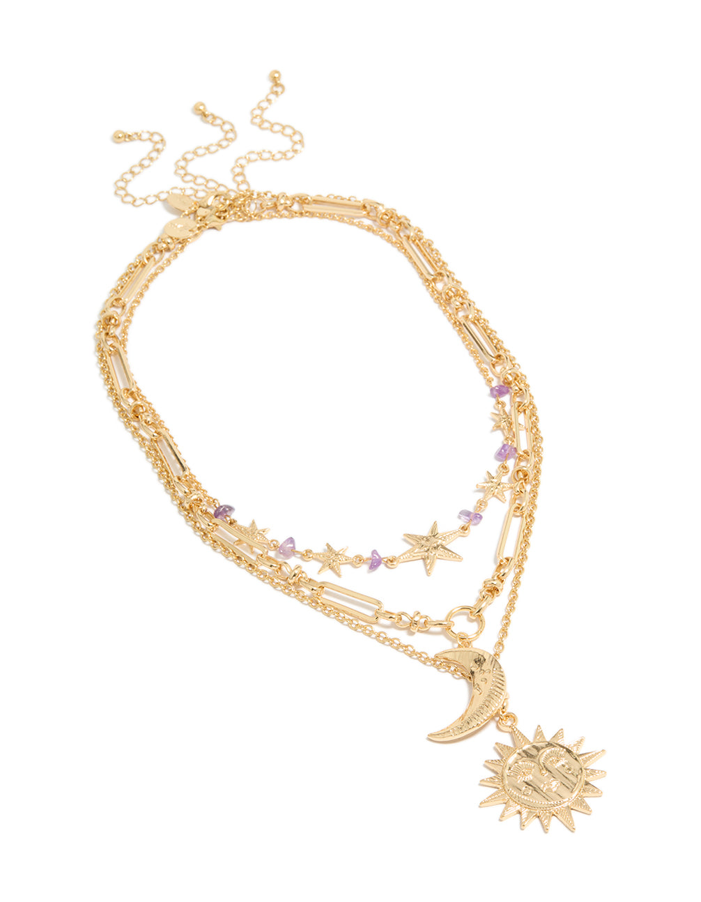 Elegantly crafted chunky gold purple stone and celestial pendant layered necklace with beads, charm featuring sun, moon and star front view