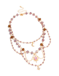 Showcasing a gold purple beaded celestial draped layered necklace with charm pendant moon and star front view - link has visual effect only