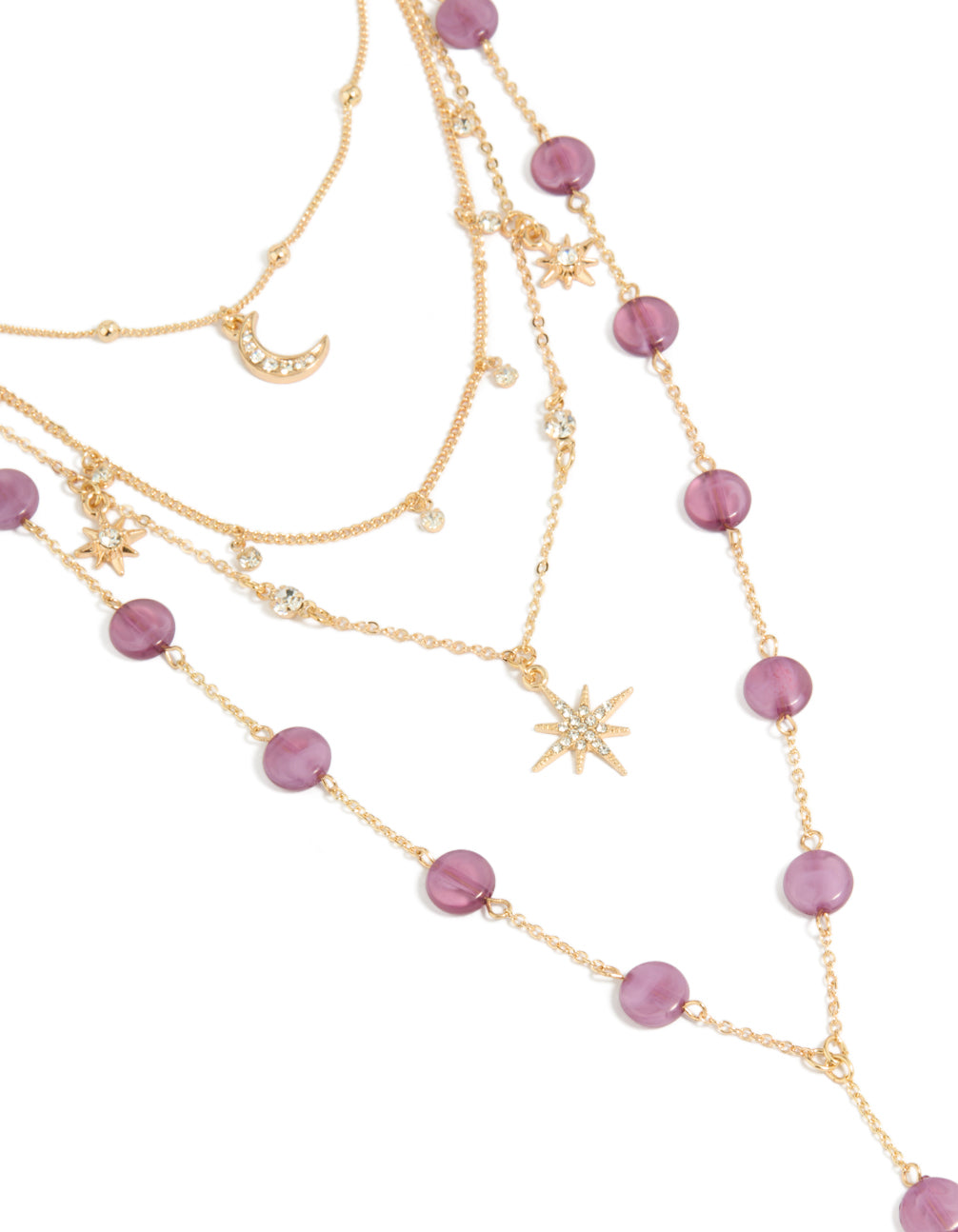 Beautifully crafted gold flat purple beaded celestial layered y-necklace featuring charms, star and moon pendants close up view