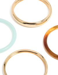 Showcasing gold and multicoloured acrylic bangles in a 4-pack with paleturquoise and brown accents close up view - link has visual effect only