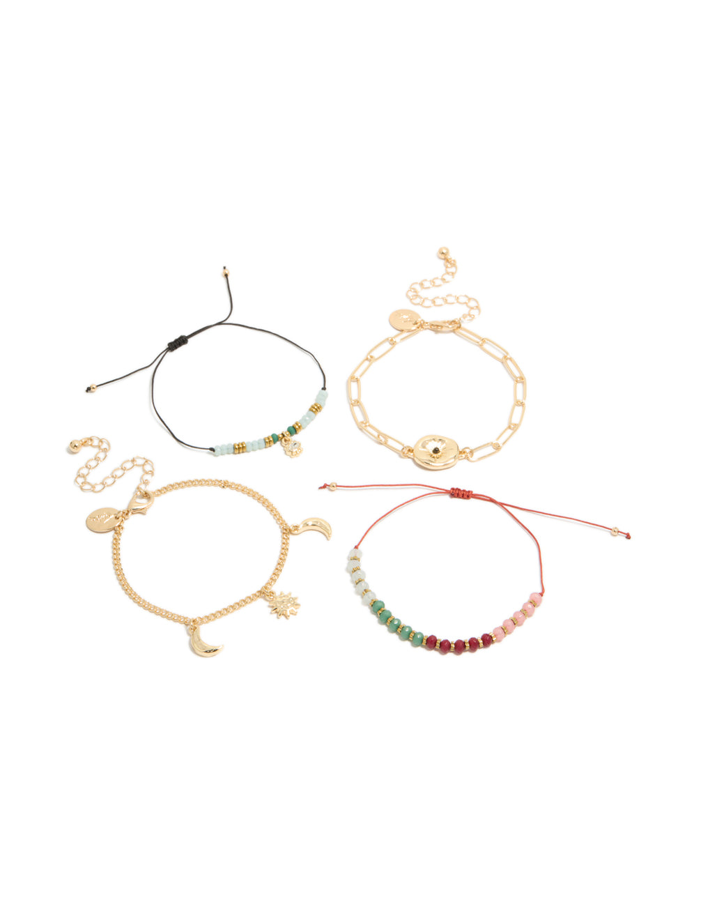 Showcase four gold celestial beaded bracelets featuring star sun moon cord in teal coral black front view