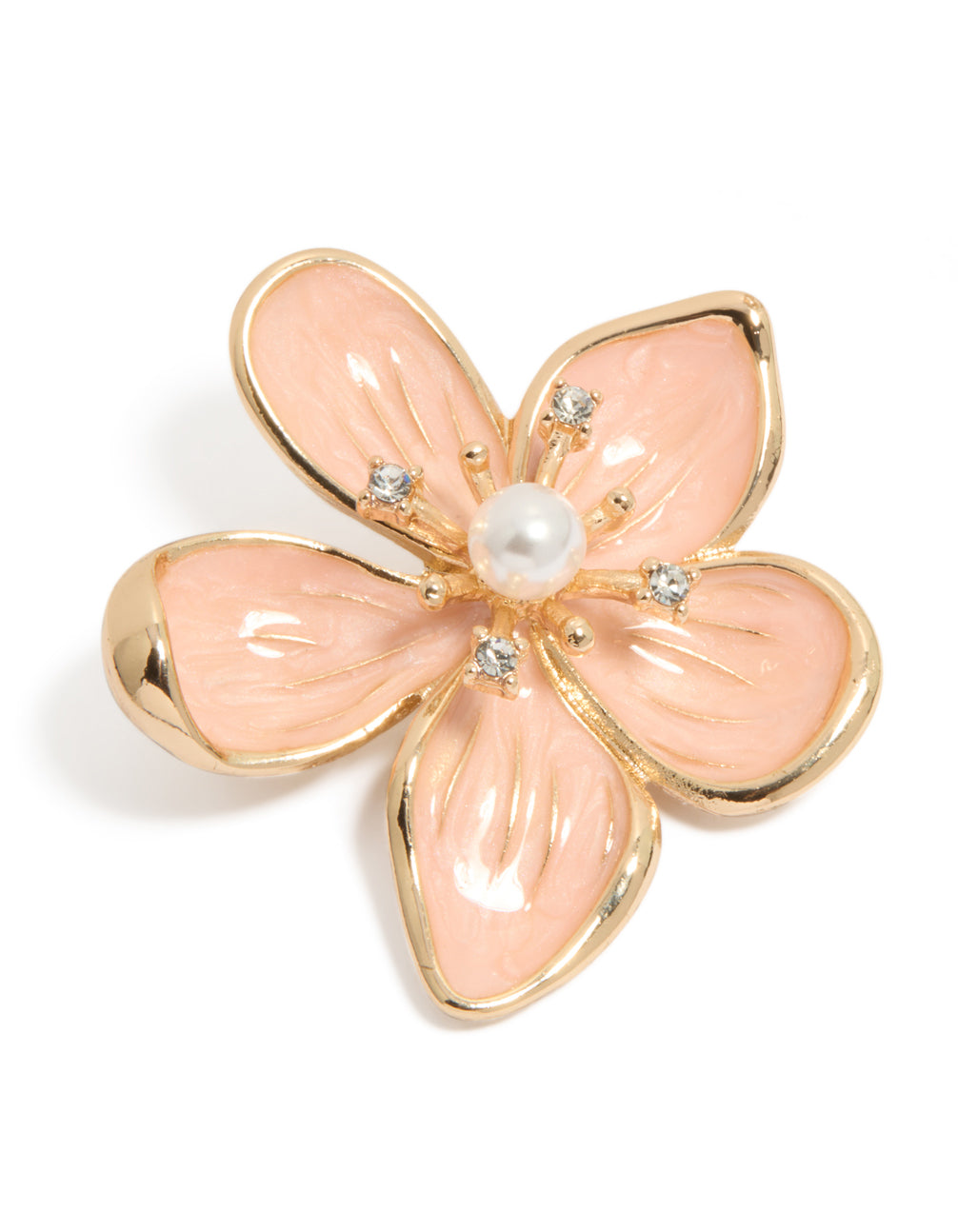 Gold Pink Enamel Pearl Centre Flower Brooch