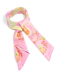 Showcasing a pink paisley floral pattern fabric scarf featuring leaf motifs in chartreuse, orange, and yellow detail view - link has visual effect only