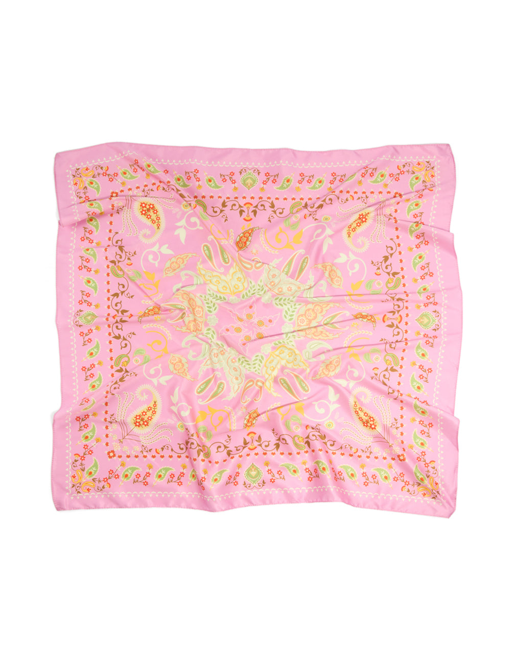 Beautiful pink paisley floral pattern fabric scarf with leaf accents in chartreuse, orange, and yellow front view