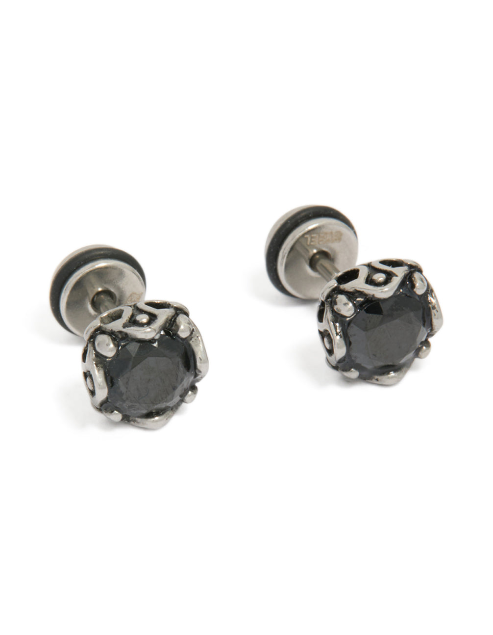 Crafted from waterproof stainless steel, these mens black cubic zirconia flat back stud earrings front view