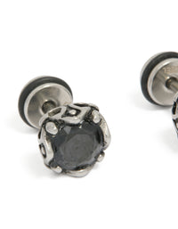 Designed with waterproof stainless steel, these mens black cubic zirconia flat back stud earrings highlight close up view - link has visual effect only