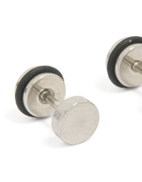 Displaying mens waterproof stainless steel round flat back stud earrings in silver and black close up view - link has visual effect only