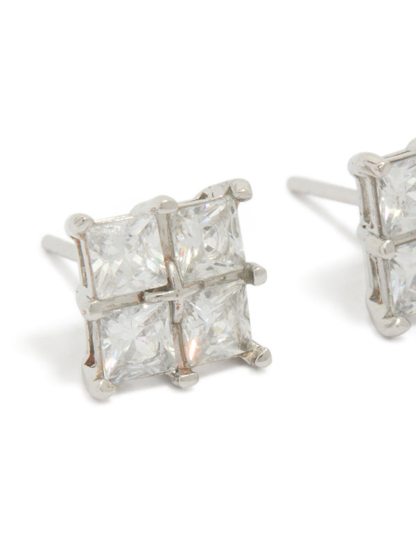 Crafted mens waterproof stainless steel multi square cubic zirconia stud earrings in silver close up view