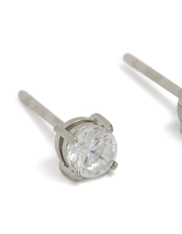 Designed with mens waterproof stainless steel mini round clear cubic zirconia stud earrings in silver close up view