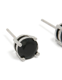 Detailed view of mens round cut stud earrings with black cubic zirconia in waterproof stainless steel and silver close up view - link has visual effect only